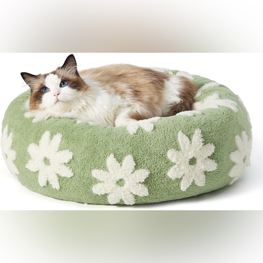 Plush Green Floral Pet Bed - Cozy Round Pet Cushion
